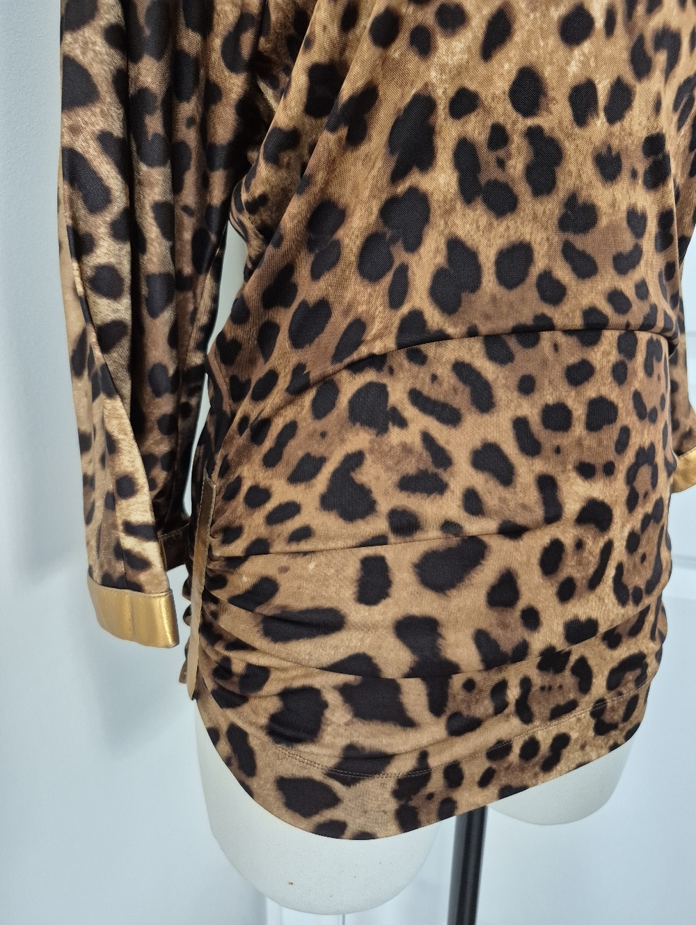 Vtg 90s D&G Leopard Rose Gold Leather Trim 3/4 Flared Slv Tunic Top Luxury Retro - Picture 8 of 11